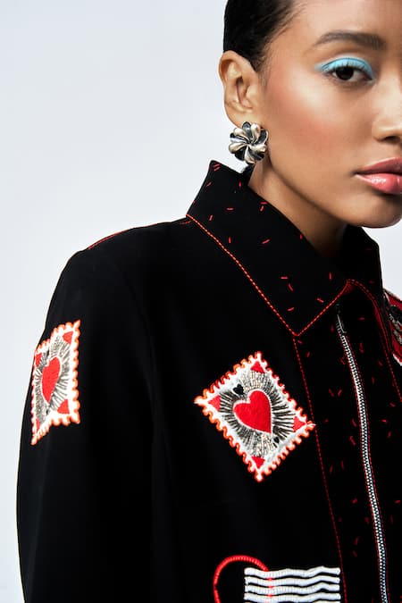 Shahin Mannan Black Crepe Embroidery Shawl Neck Panelled Stamp Patch Shift Dress at Aza Fashions Shahin Mannan_Black Crepe Embroidery Shawl Neck Panelled Stamp Patch Shift Dress _at_Aza_Fashions