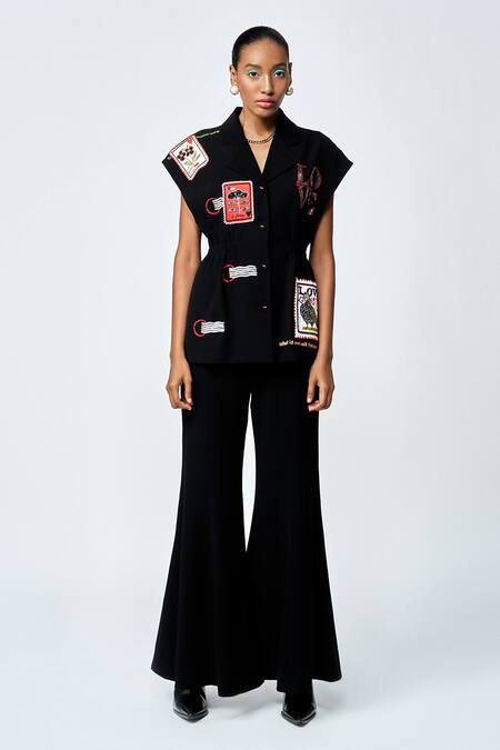 Shahin Mannan Black Crepe Embroidery Collared Stamp Patch Robe Jacket With Pant Online at Aza Fashions Shahin Mannan_Black Crepe Embroidery Collared Stamp Patch Robe Jacket With Pant _Online_at_Aza_Fashions