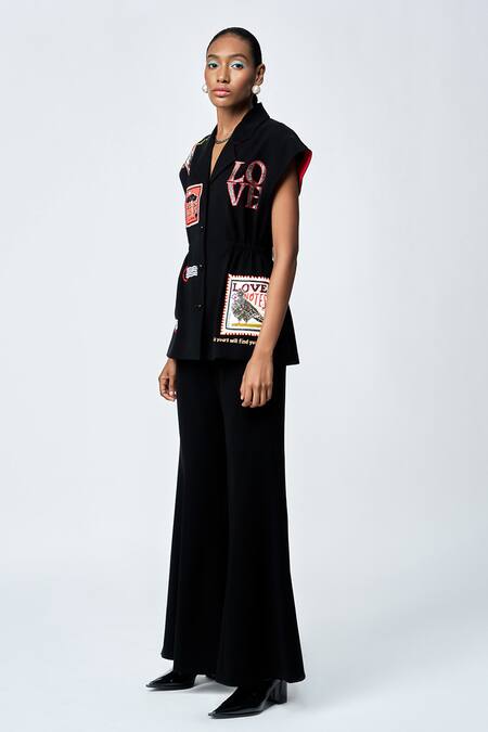 Shop Shahin Mannan Black Crepe Embroidery Collared Stamp Patch Robe Jacket With Pant Online at Aza Fashions Shop_Shahin Mannan_Black Crepe Embroidery Collared Stamp Patch Robe Jacket With Pant _Online_at_Aza_Fashions