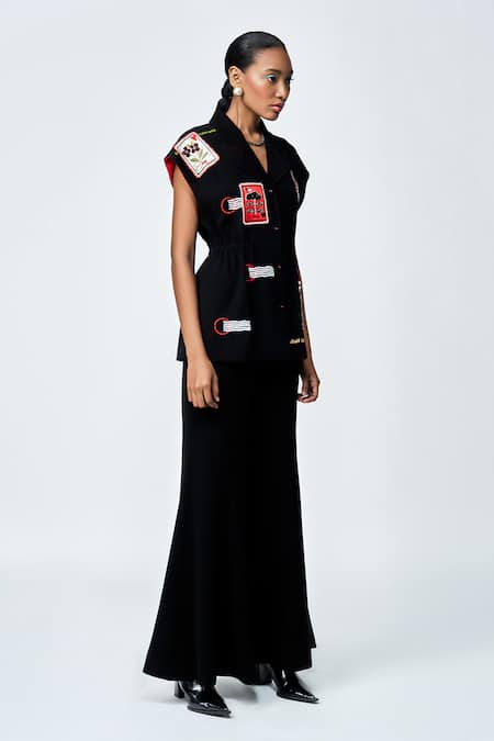 Shahin Mannan Black Crepe Embroidery Collared Stamp Patch Robe Jacket With Pant at Aza Fashions Shahin Mannan_Black Crepe Embroidery Collared Stamp Patch Robe Jacket With Pant _at_Aza_Fashions