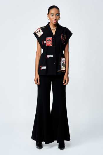 Shahin Mannan_Black Crepe Embroidery Stamp Patch Robe Jacket _Online_at_Aza_Fashions