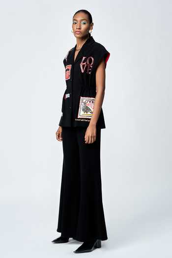 Buy_Shahin Mannan_Black Crepe Embroidery Stamp Patch Robe Jacket _Online_at_Aza_Fashions