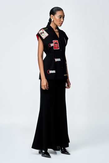 Shop_Shahin Mannan_Black Crepe Embroidery Stamp Patch Robe Jacket _Online_at_Aza_Fashions