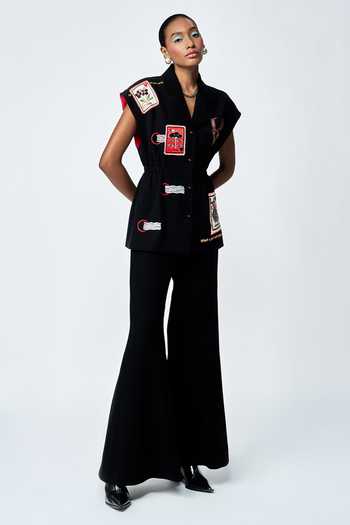 Shahin Mannan_Black Crepe Embroidery Stamp Patch Robe Jacket _at_Aza_Fashions