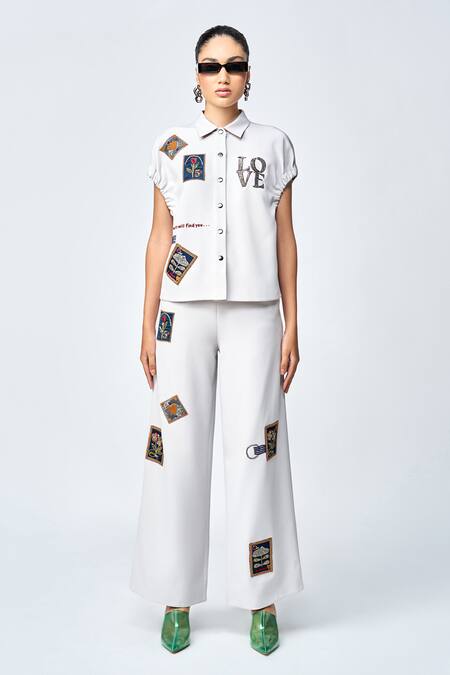 Shahin Mannan Grey Double Crepe Stamp Patches Shirt Collar