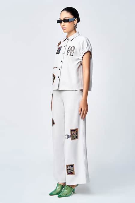 Shahin Mannan Grey Crepe Shawl Neck Stamp Patch Shirt Online at Aza Fashions Shahin Mannan_Grey Crepe Shawl Neck Stamp Patch Shirt _Online_at_Aza_Fashions