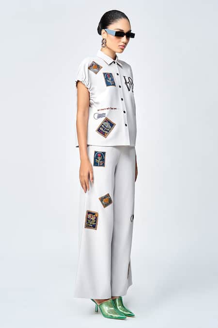 Buy Shahin Mannan Grey Crepe Shawl Neck Stamp Patch Shirt Online at Aza Fashions Buy_Shahin Mannan_Grey Crepe Shawl Neck Stamp Patch Shirt _Online_at_Aza_Fashions