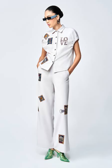 Shop Shahin Mannan Grey Crepe Shawl Neck Stamp Patch Shirt Online at Aza Fashions Shop_Shahin Mannan_Grey Crepe Shawl Neck Stamp Patch Shirt _Online_at_Aza_Fashions