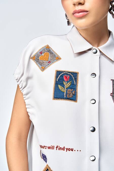 Shahin Mannan Grey Crepe Shawl Neck Stamp Patch Shirt at Aza Fashions Shahin Mannan_Grey Crepe Shawl Neck Stamp Patch Shirt _at_Aza_Fashions