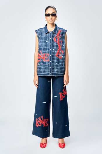 Shahin Mannan_Blue Denim Embroidery, Beads Shawl Neck Love Checkered Vest _Online_at_Aza_Fashions