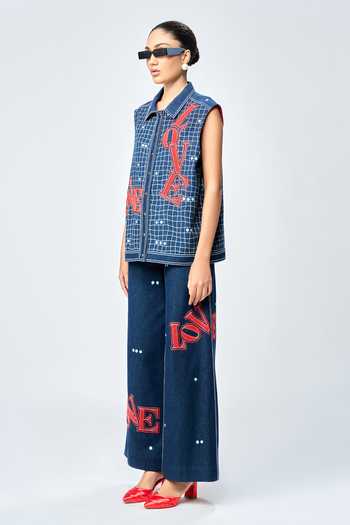 Buy_Shahin Mannan_Blue Denim Embroidery, Beads Shawl Neck Love Checkered Vest _Online_at_Aza_Fashions