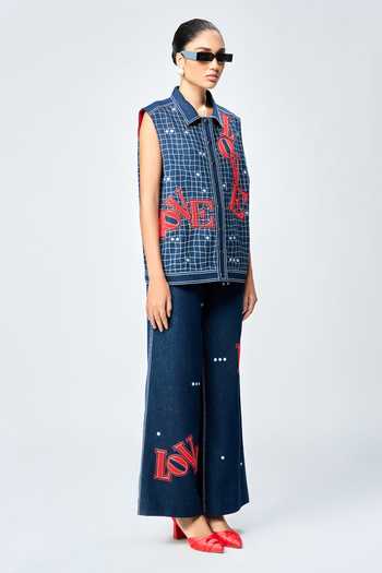 Shop_Shahin Mannan_Blue Denim Embroidery, Beads Shawl Neck Love Checkered Vest _Online_at_Aza_Fashions