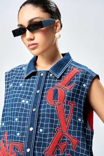 Shahin Mannan_Blue Denim Embroidery, Beads Shawl Neck Love Checkered Vest _at_Aza_Fashions