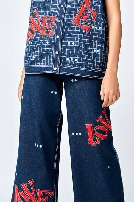 Shahin Mannan Blue Denim Embroidery, Beads Love Flared Pant at Aza Fashions Shahin Mannan_Blue Denim Embroidery, Beads Love Flared Pant _at_Aza_Fashions