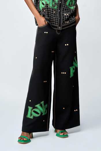 Shahin Mannan Black Crepe Beads, Embroidery Love Embellished Flared Pant at Aza Fashions Shahin Mannan_Black Crepe Beads, Embroidery Love Embellished Flared Pant _at_Aza_Fashions