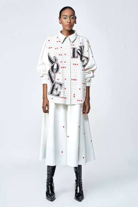 Shahin Mannan_White Gabardine Embroidery, Beads Collared Love Checkered Jacket With Skirt _Online_at_Aza_Fashions