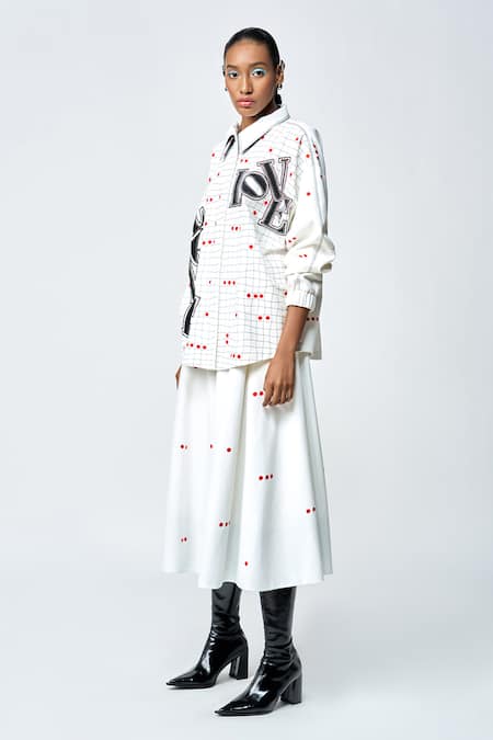 Shop_Shahin Mannan_White Gabardine Embroidery, Beads Collared Love Checkered Jacket With Skirt _Online_at_Aza_Fashions
