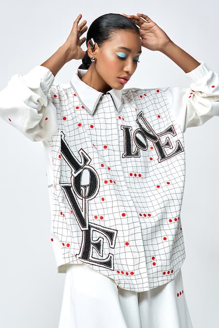 Buy_Shahin Mannan_White Gabardine Embroidery, Beads Collared Love Checkered Jacket With Skirt 