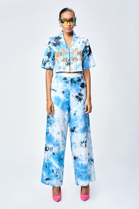 Shahin Mannan_Blue Silk Satin Embroidery Collared Tie-dye Pattern Shirt _Online_at_Aza_Fashions