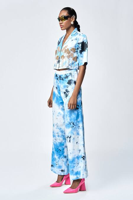 Buy_Shahin Mannan_Blue Silk Satin Embroidery Collared Tie-dye Pattern Shirt _Online_at_Aza_Fashions