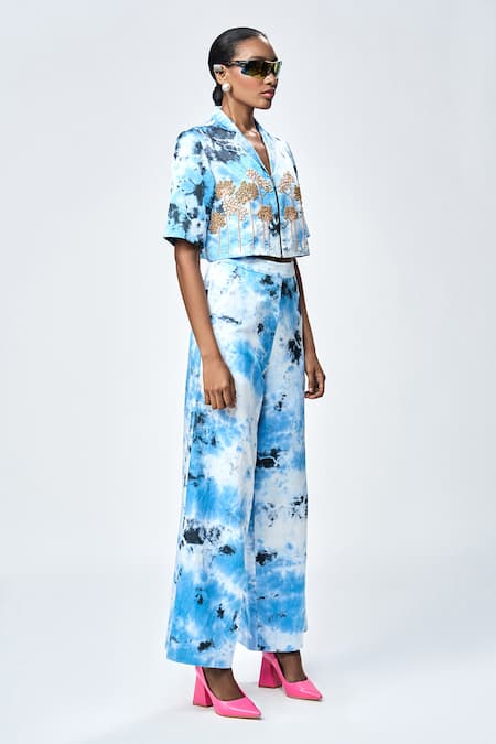 Shop_Shahin Mannan_Blue Silk Satin Embroidery Collared Tie-dye Pattern Shirt _Online_at_Aza_Fashions