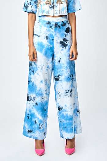 Shahin Mannan Blue Silk Satin Tie-dye Pattern Flared Pant Online at Aza Fashions Shahin Mannan_Blue Silk Satin Tie-dye Pattern Flared Pant _Online_at_Aza_Fashions