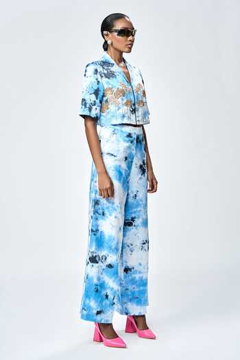 Shop Shahin Mannan Blue Silk Satin Tie-dye Pattern Flared Pant Online at Aza Fashions Shop_Shahin Mannan_Blue Silk Satin Tie-dye Pattern Flared Pant _Online_at_Aza_Fashions