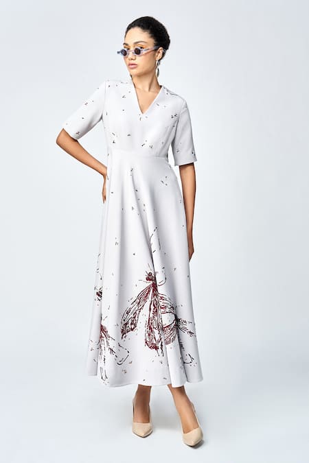 Shahin Mannan Dragonfly Embroidered Midi Dress 