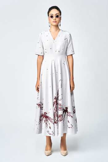 Shahin Mannan_Grey Crepe Embroidery V-neck Dragonfly Midi Dress _Online_at_Aza_Fashions