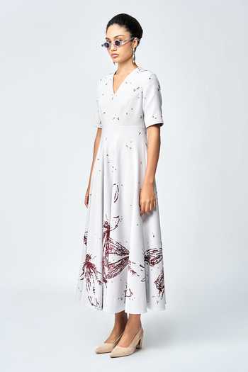 Buy_Shahin Mannan_Grey Crepe Embroidery V-neck Dragonfly Midi Dress _Online_at_Aza_Fashions