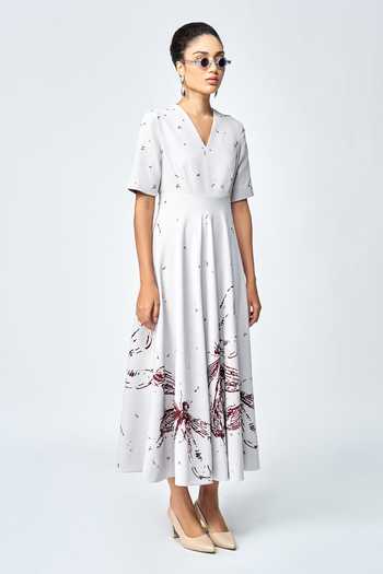 Shop_Shahin Mannan_Grey Crepe Embroidery V-neck Dragonfly Midi Dress _Online_at_Aza_Fashions