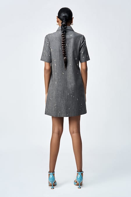 Shop Shahin Mannan Grey Denim Embroidery Collared Thin Dress at Aza Fashions Shop_Shahin Mannan_Grey Denim Embroidery Collared Thin Dress _at_Aza_Fashions