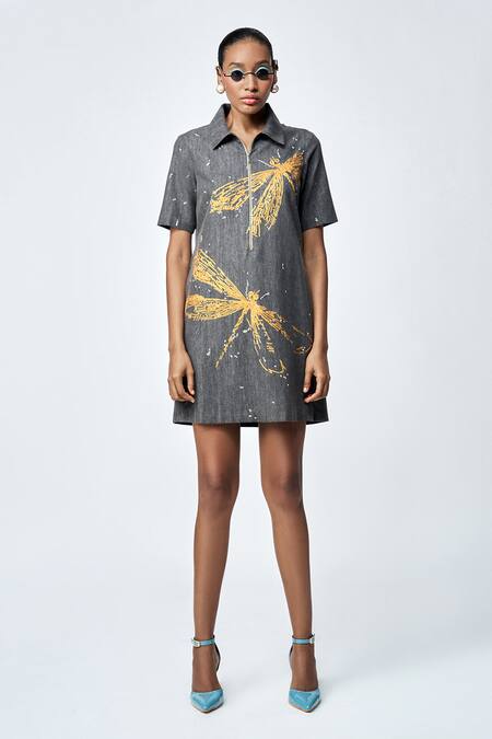 Shahin Mannan Grey Denim Embroidery Collared Thin Dress Online at Aza Fashions Shahin Mannan_Grey Denim Embroidery Collared Thin Dress _Online_at_Aza_Fashions