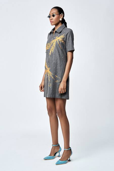 Buy Shahin Mannan Grey Denim Embroidery Collared Thin Dress Online at Aza Fashions Buy_Shahin Mannan_Grey Denim Embroidery Collared Thin Dress _Online_at_Aza_Fashions