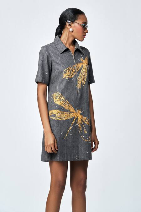 Shop Shahin Mannan Grey Denim Embroidery Collared Thin Dress Online at Aza Fashions Shop_Shahin Mannan_Grey Denim Embroidery Collared Thin Dress _Online_at_Aza_Fashions