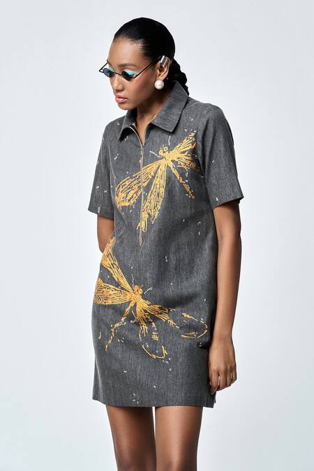 Shahin Mannan Grey Denim Embroidery Collared Thin Dress at Aza Fashions Shahin Mannan_Grey Denim Embroidery Collared Thin Dress _at_Aza_Fashions