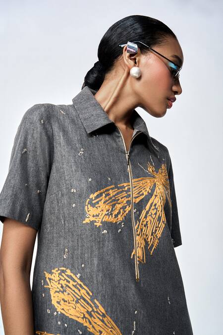 Buy Shahin Mannan Grey Denim Embroidery Collared Thin Dress Buy_Shahin Mannan_Grey Denim Embroidery Collared Thin Dress