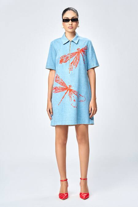 Shahin Mannan_Blue Denim Embroidery Collared Dragonfly Dress _Online_at_Aza_Fashions