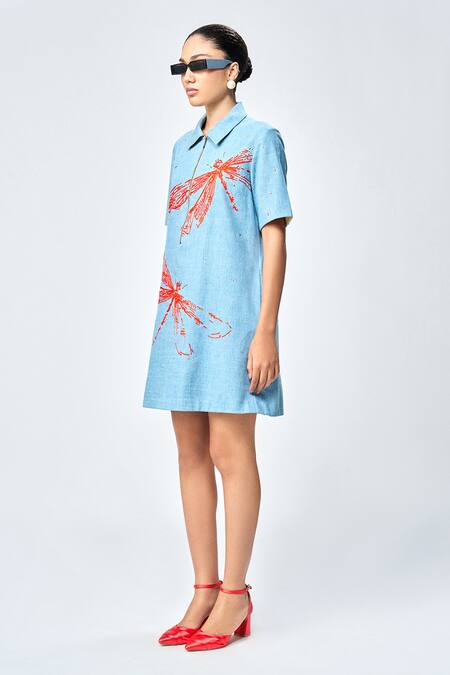 Buy_Shahin Mannan_Blue Denim Embroidery Collared Dragonfly Dress _Online_at_Aza_Fashions