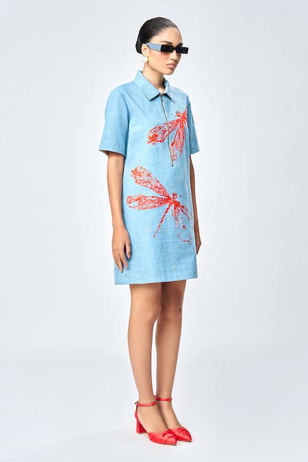 Shop_Shahin Mannan_Blue Denim Embroidery Collared Dragonfly Dress _Online_at_Aza_Fashions