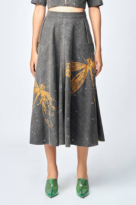 Shahin Mannan_Grey Denim Embroidery Collared Dragonfly Cropped Shirt And Skirt Set _Online_at_Aza_Fashions