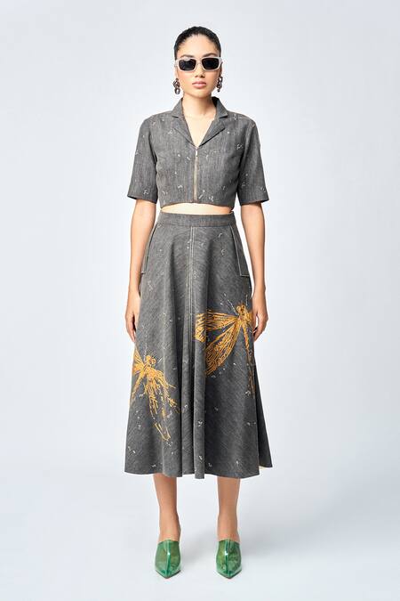 Buy_Shahin Mannan_Grey Denim Embroidery Collared Dragonfly Cropped Shirt And Skirt Set _Online_at_Aza_Fashions
