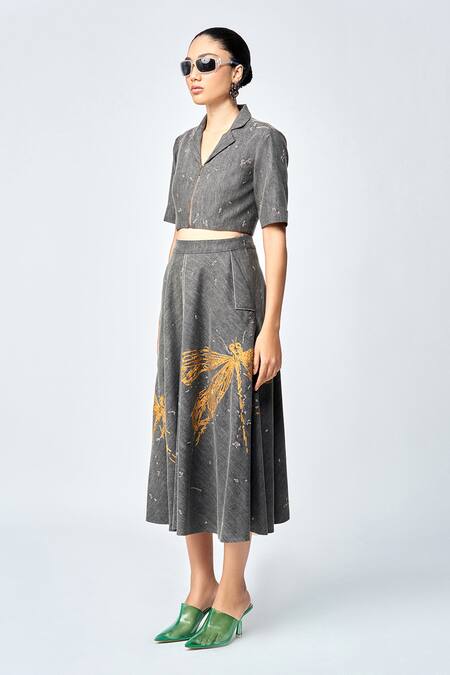 Shop_Shahin Mannan_Grey Denim Embroidery Collared Dragonfly Cropped Shirt And Skirt Set _Online_at_Aza_Fashions