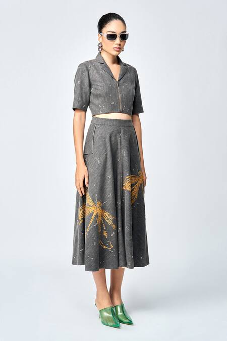 Shahin Mannan_Grey Denim Embroidery Collared Dragonfly Cropped Shirt And Skirt Set _at_Aza_Fashions