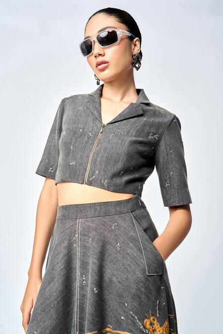 Buy_Shahin Mannan_Grey Denim Embroidery Collared Dragonfly Cropped Shirt And Skirt Set 