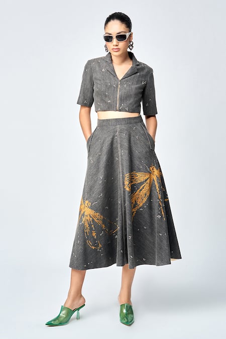 Shahin Mannan Grey Thin Denim Embroidered Dragonfly Circular Skirt