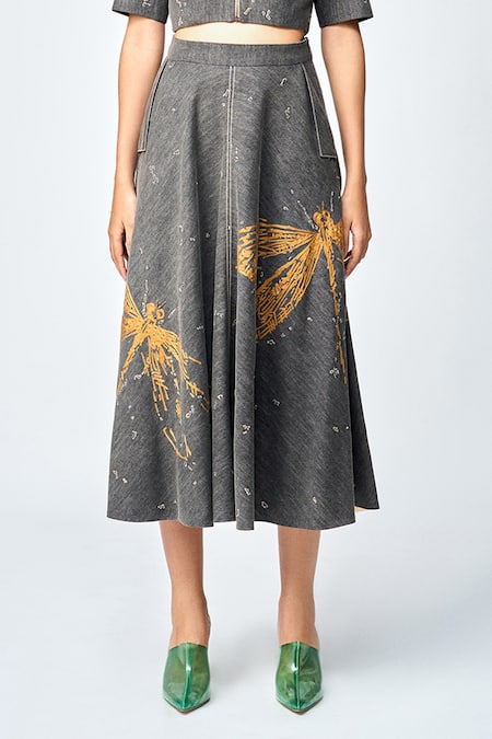 Shahin Mannan Grey Denim Embroidery Circular Skirt Online at Aza Fashions Shahin Mannan_Grey Denim Embroidery Circular Skirt _Online_at_Aza_Fashions