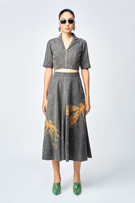 Buy Shahin Mannan Grey Denim Embroidery Circular Skirt Online at Aza Fashions Buy_Shahin Mannan_Grey Denim Embroidery Circular Skirt _Online_at_Aza_Fashions