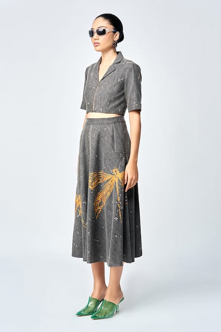 Shop Shahin Mannan Grey Denim Embroidery Circular Skirt Online at Aza Fashions Shop_Shahin Mannan_Grey Denim Embroidery Circular Skirt _Online_at_Aza_Fashions