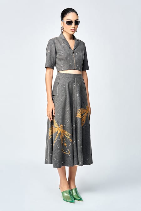 Shahin Mannan Grey Denim Embroidery Circular Skirt at Aza Fashions Shahin Mannan_Grey Denim Embroidery Circular Skirt _at_Aza_Fashions